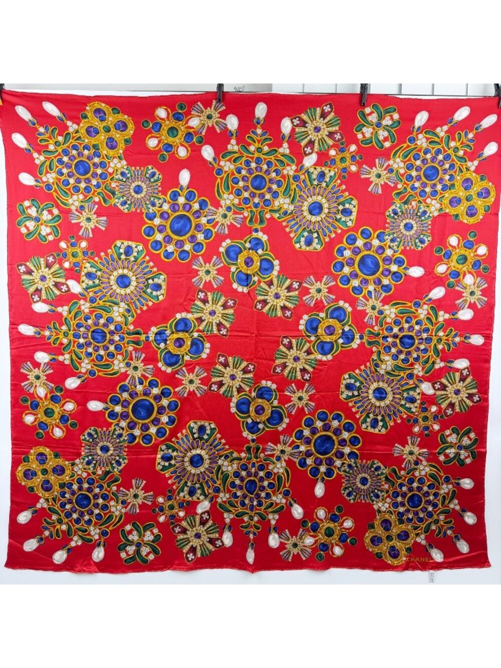 Chanel Bijou Pattern Silk Large Shawl Red Gold Multicolor Vintage Scarf